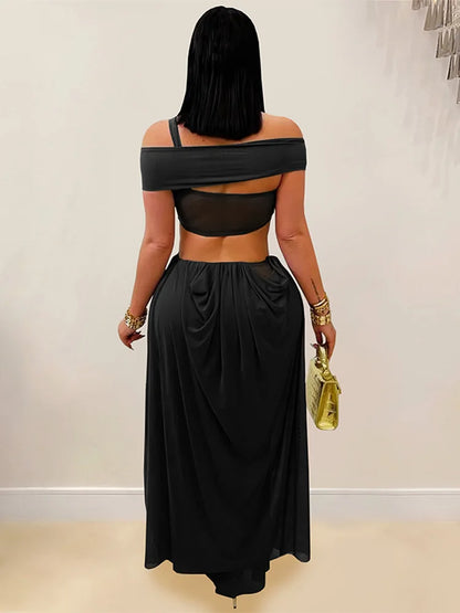 Abito lungo da spiaggia sexy da donna scava fuori senza schienale piega una linea abiti femminili 2025 moda estiva chic abiti a vita alta solidi