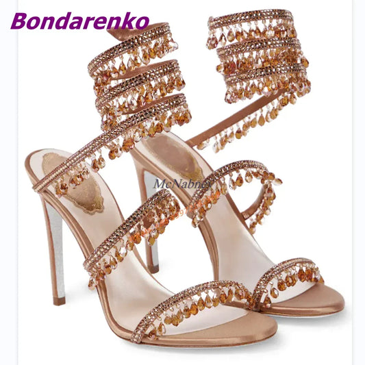 Newest Rhinestone Serpentine Sandals Women Shoes Open Toe Solid Hollow Stiletto Heel Sandal Slip On Summer Party Dress Sexy Shoe