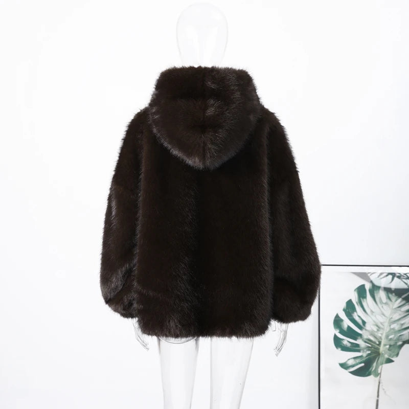 Cappotto da donna in pelliccia sintetica marrone con cappuccio Giacca da tasca a maniche lunghe di lusso oversize Lady 2025 Autunno Inverno Chic Street Capispalla