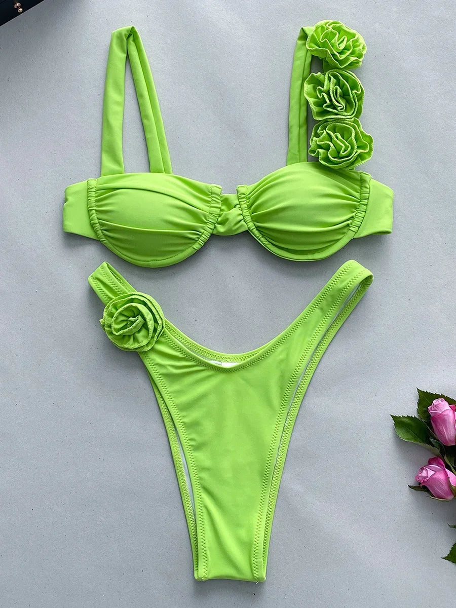 Sexy 3D Fiori con ferretto Bikini brasiliano Costumi da bagno donna Costume da bagno femminile Bikini a due pezzi Costume da bagno a triangolo Swim Lady