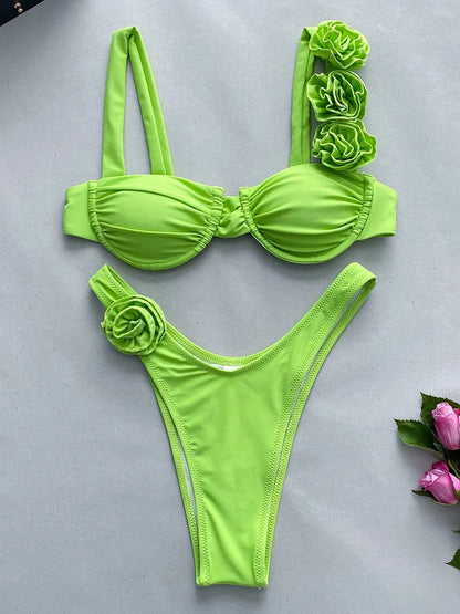 Sexy 3D Fiori con ferretto Bikini brasiliano Costumi da bagno donna Costume da bagno femminile Bikini a due pezzi Costume da bagno a triangolo Swim Lady