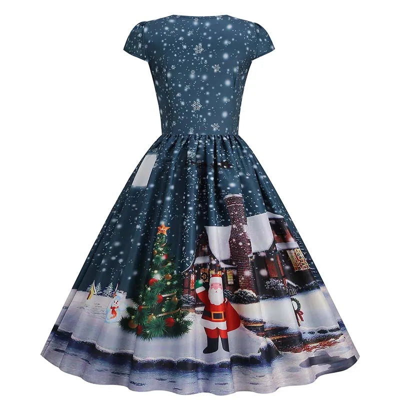 Abiti natalizi per donna Winter Pinup Rockabilly Abito da festa sexy cosplay Abito da ballo da cocktail con stampa di neve di Babbo Natale