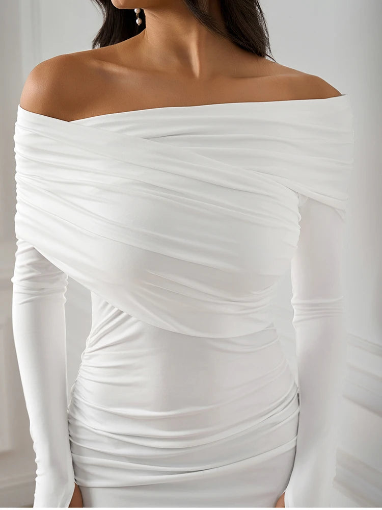 NewAsia Abito lungo da donna a maniche lunghe con collo asimmetrico e monospalla increspato aderente Fashion Club Party Maxi abiti Marrone Autunno