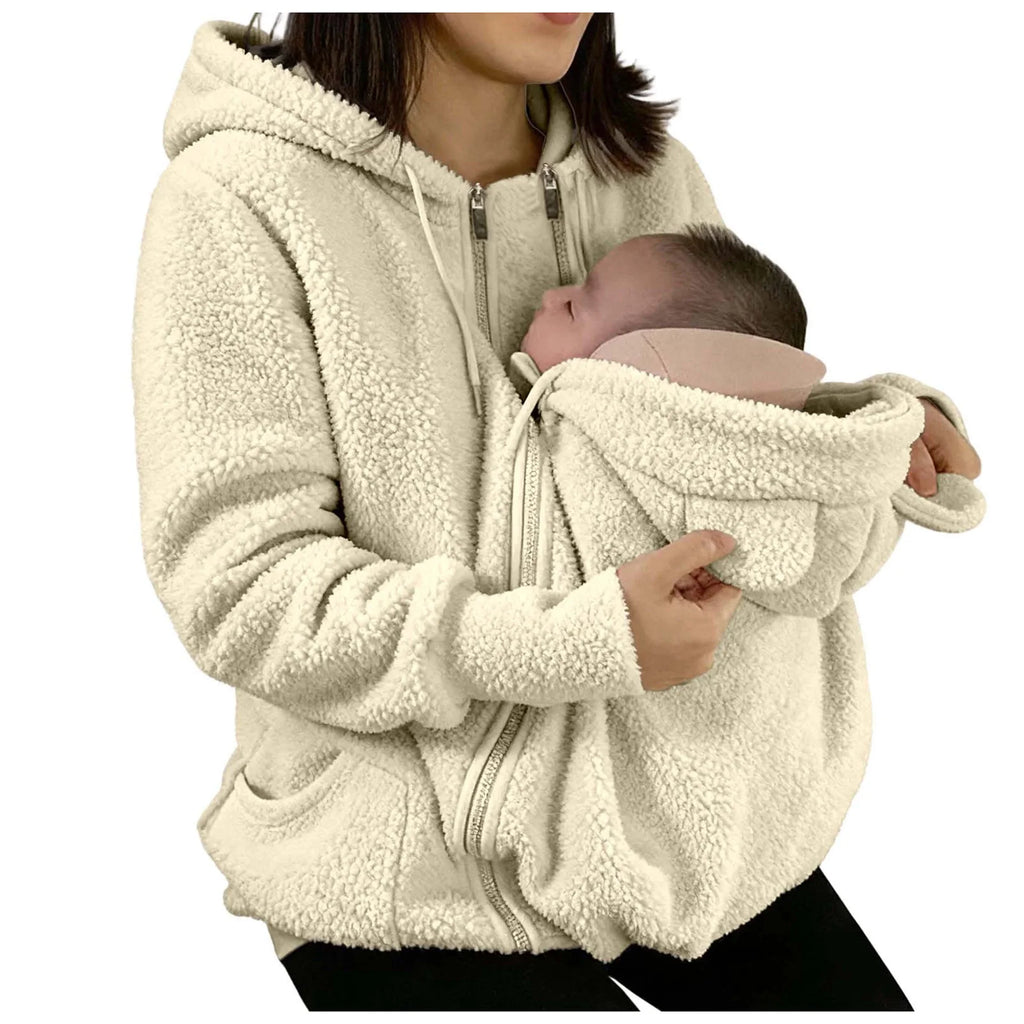 Cappotto con cappuccio in caldo pile 2 in 1 con marsupio Felpa in peluche a maniche lunghe in pelliccia sintetica Giacca con cappuccio per mamma all'aperto Borsa per bambini