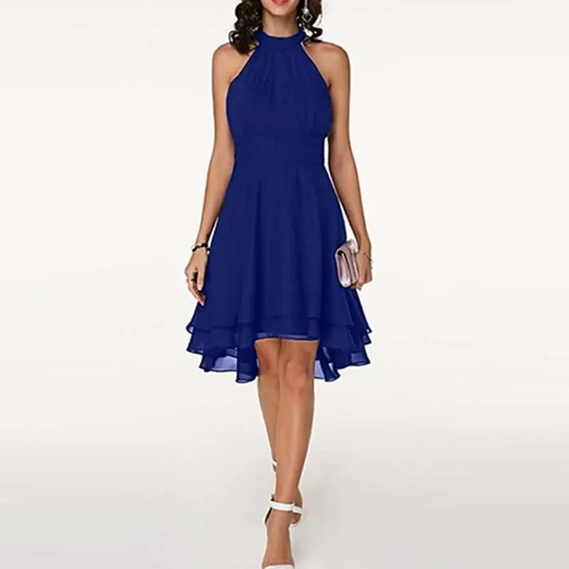 Summer Sexy Women Halter Tierred Ruffle Chiffon Mini Dress Elegant Office Lady Corset Irregular A-line Guest Evening Party Dress