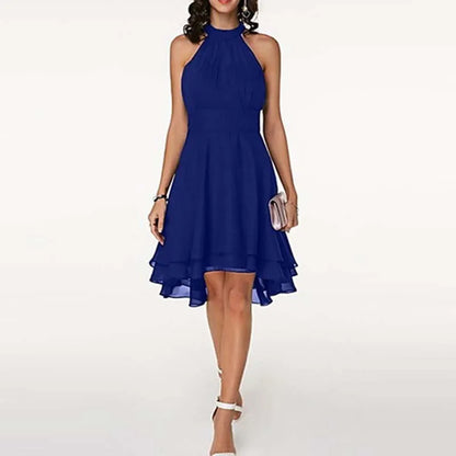 Summer Sexy Women Halter Tierred Ruffle Chiffon Mini Dress Elegant Office Lady Corset Irregular A-line Guest Evening Party Dress