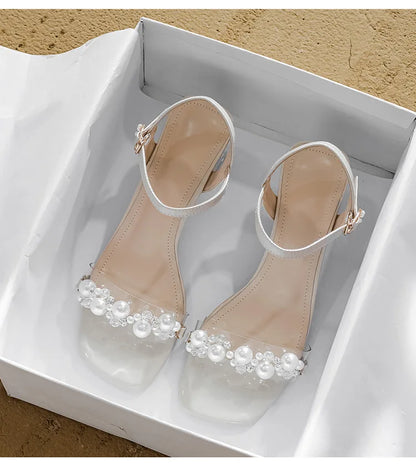 Damen-Sommersandalen 2026 Neu mit Perlen High Heels Pantoletten Mädchen mit Kristallabsatz Trendige transparente Sommerschuhe