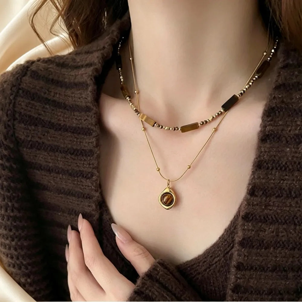 Collana con ciondolo a strati in pietra occhio di tigre stile retrò per donna, set di gioielli con catena a clavicola in acciaio inossidabile