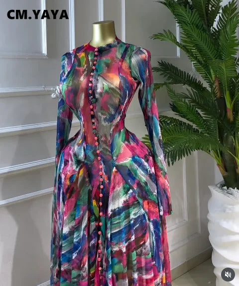 CM.YAYA Donne O-Collo Manica Lunga Grande Swing Tie Dye Stampa Abito Lungo 2026 Feste Sexy Vacanze Da Sera Maxi Abiti Abiti