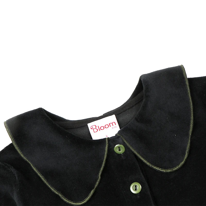 Abbigliamento invernale per neonati e bambini, set invernale da 2 pezzi per bambine, pantaloni per bambini, vestiti per bambine in velluto nero con collo verde.