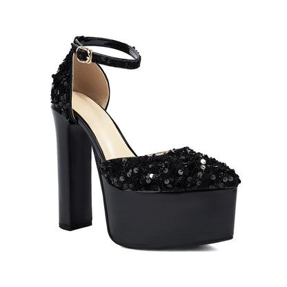 Sandali a punta neri con cinturino alla caviglia sexy per le donne Piattaforma estiva 15CM Scarpe eleganti da festa con paillettes lucide Tacchi alti vuoti laterali neri