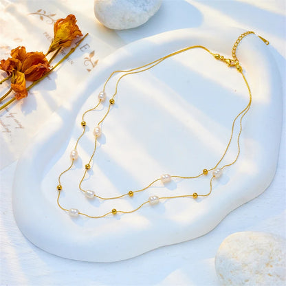 DIEYURO 316L Acciaio Inossidabile Doppio Strato di Perle 2in1 Catene Collana Per Le Donne di Nuovo Modo Delle Ragazze Girocollo Impermeabile Gioielli Regali