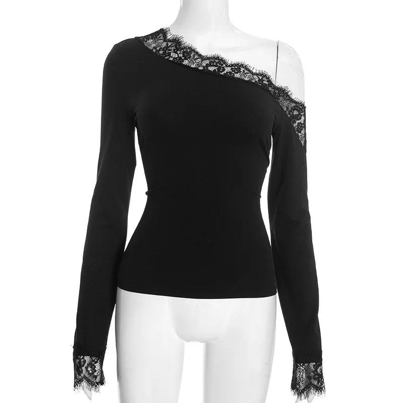 Top da donna con giunture in pizzo asimmetrico, moda casual, top autunnale, stile europeo americano, vita scoperta