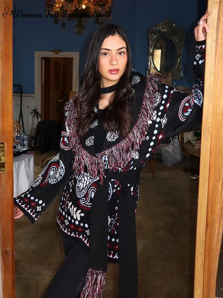 Cardigan Jacquard Lavorato a Maglia, Nuova Collezione Autunno 2026, Maglione Casual da Donna con Collo Alto e Maniche Lunghe, Cappotto in Maglia Stampata Larga