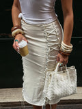 Gonna midi da donna con lacci a doppia faccia, occhielli metallici e laccetti incrociati, modello a tubino aderente, vita alta, stile streetwear, lunghezza al polpaccio