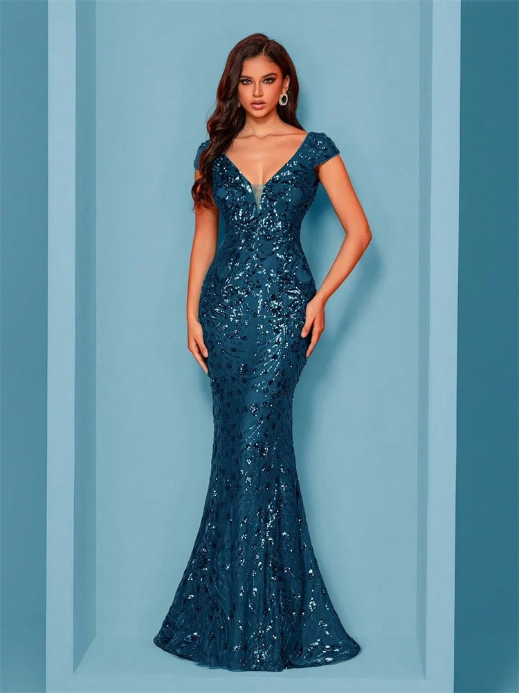 Elegante abito da sera blu per donna lungo 2025 abiti da cocktail per feste di nozze con paillettes formali a sirena di lusso