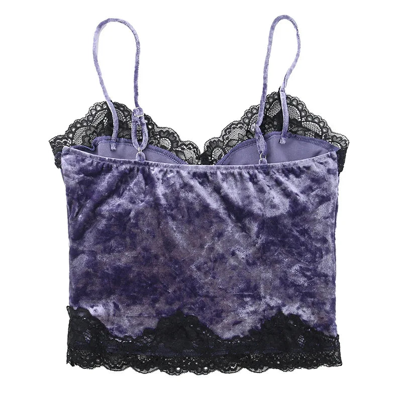 Summer New Sexy Spicy Girl Patchwork Women's Halter Tops Gothic Dark Court Vintage Style Velvet Lace Design Chic Woman Clothing