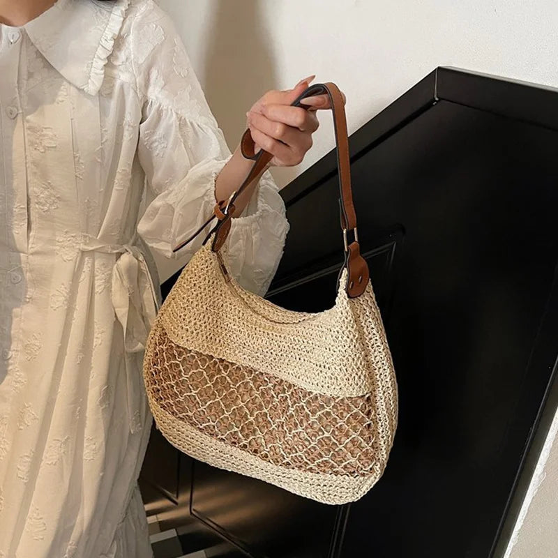 Borsa a Spalla da Donna con Tracolla Regolabile, Borsa da Viaggio in Paglia Intrecciata, Borsa a Mano alla Moda, Borsa Estiva Quotidiana da Donna