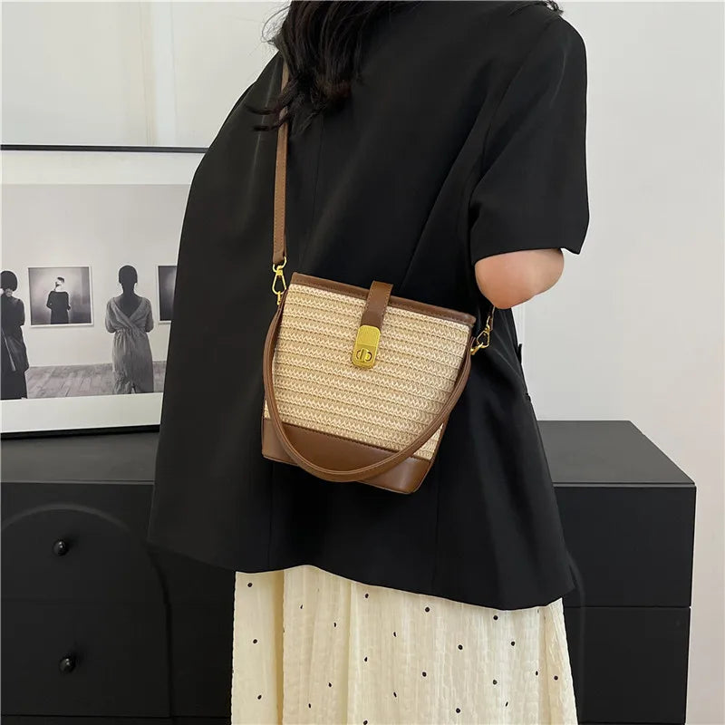 Tendenze moda donna borsa a secchiello di paglia donna estate borse a tracolla tessute a mano borsa per la spesa da donna nuove borse da spiaggia borse