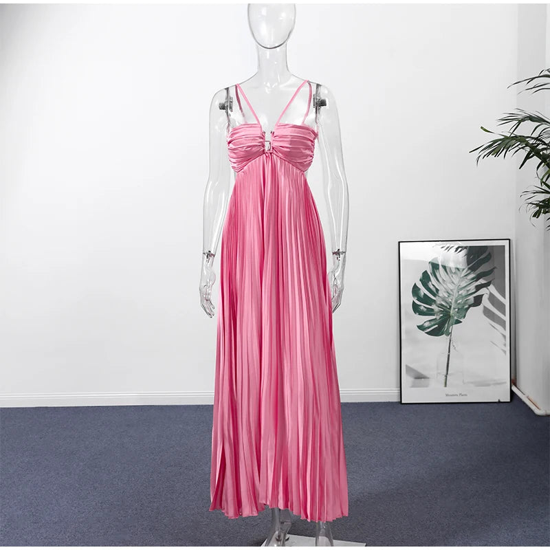 Abito Lungo Estivo da Donna con Scollo all'Americana e Pieghe, Senza Schienale, Senza Maniche, Blu, per Vacanze al Mare, Moda Femminile 2026, Vestito a Trapezio