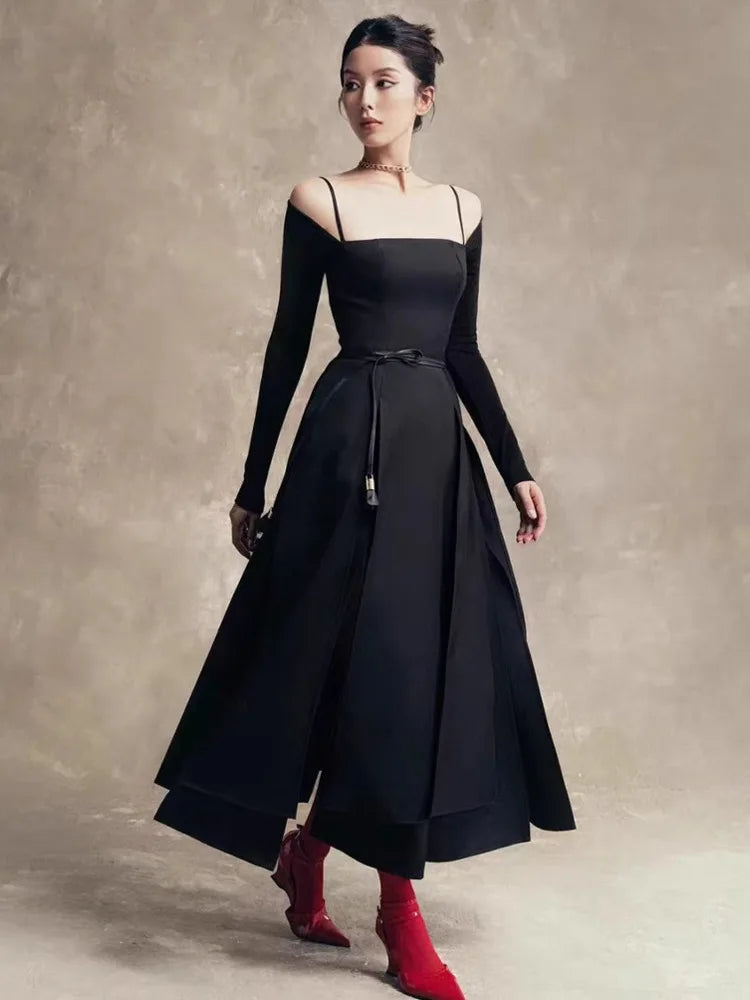 QMQA Abiti eleganti da donna alla moda con spalle scoperte Manica lunga Split Orlo asimmetrico Abito sottile a vita media bassa Nuovo 1A200