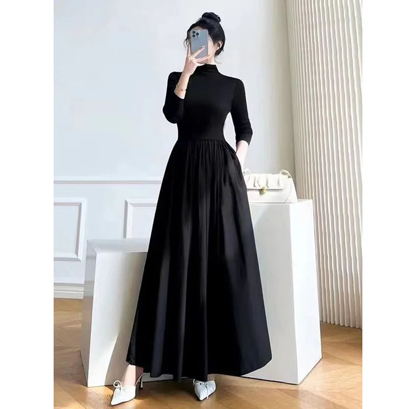 Lucyever Abiti a trapezio neri stile francese Abito longuette elegante a maniche lunghe a vita alta da donna Abito maxi slim fit autunno inverno