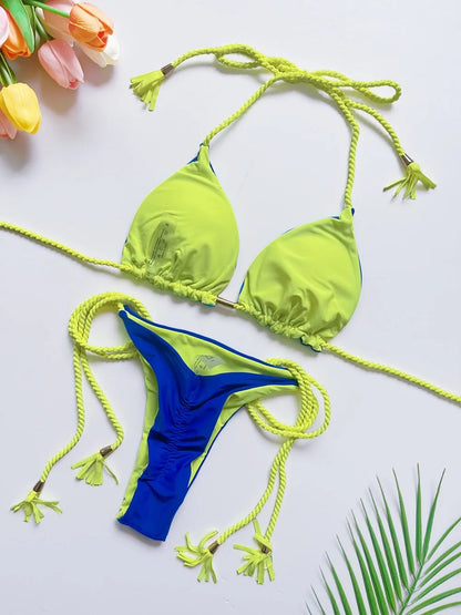 2025 Sexy einfarbiger Zweiteiler Triangel-Badeanzug Damen Bademode Flechtseil Bikini-Set Strand Badeanzug Brasilianische Biquinis