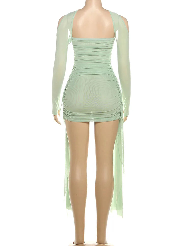 Nibber Sommerurlaub Sexy Durchsichtiges Kleid + Schal Damen Geraffte Seitenbänder Kokett Enges Mitternachts-Clubwear-Party-Bodycon