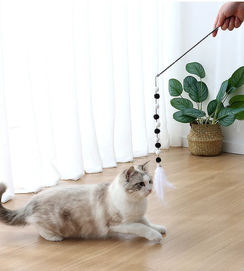 Giocattolo per gatti Pompon Giocattoli per gatti Giocattoli interattivi di piume per gatti Stuzzicare i gatti Giocattolo per gatti durevoli Bastone da gioco Palla di peluche Forniture per animali domestici