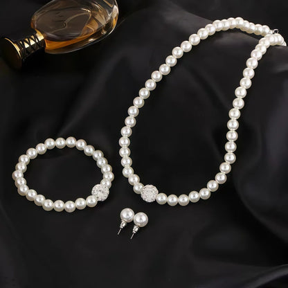 3 pezzi di perle finte palla di fuoco collana braccialetto orecchino set di gioielli con perno colore argento pietra di cristallo elegante regalo di gioielli da sposa