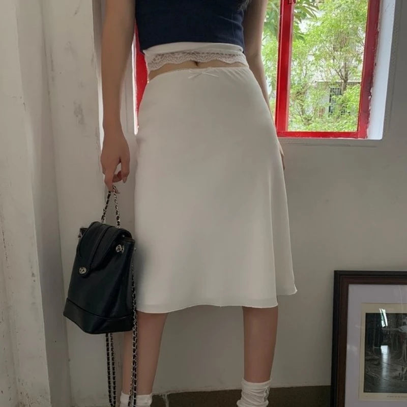 Gonna in raso da donna bianca elegante Deeptown Gonna a metà con volant Fairycore Coquette A-line Gonna estiva casual in seta stile coreano di base