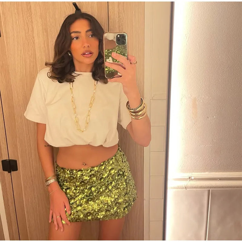 Donne sexy Shinny Paillettes Minigonna Moda Colore Collisione Una linea Gonne a vita alta 2025 Nuovi abiti da club per feste quotidiane femminili