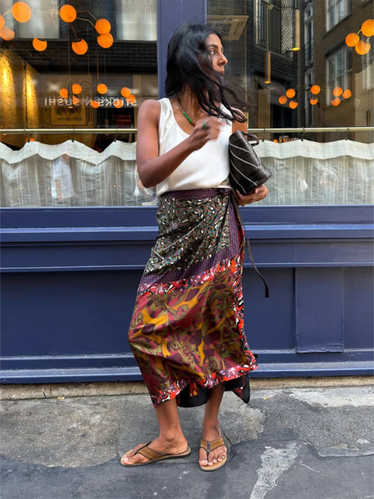 Gonna midi avvolgente da donna con stampa boho, in raso, a vita alta, con spacco, ampia e lunga, nuova collezione estate 2026, abbigliamento da strada per le vacanze.