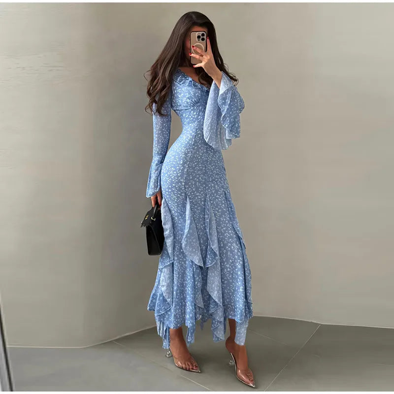 Abito Lungo da Donna con Stampa, Scollo a V, Maniche a Campana, Bordo a Foglia di Loto, Vita Alta, Vestito Maxi Aderente, Elegante Abito da Sera per Feste