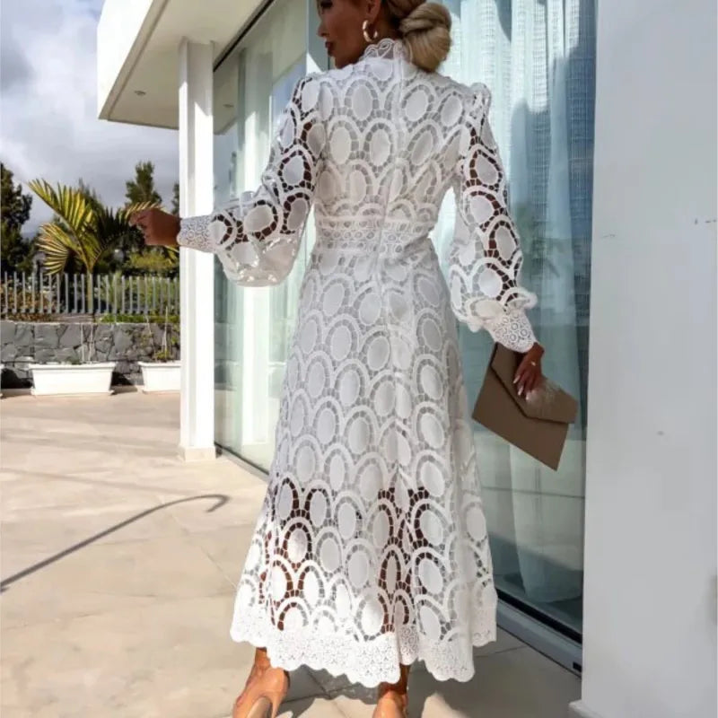 Abito lungo con maniche a sbuffo in pizzo da donna 2025 Primavera elegante nuovi abiti slim a vita alta con colletto alla coreana alla moda