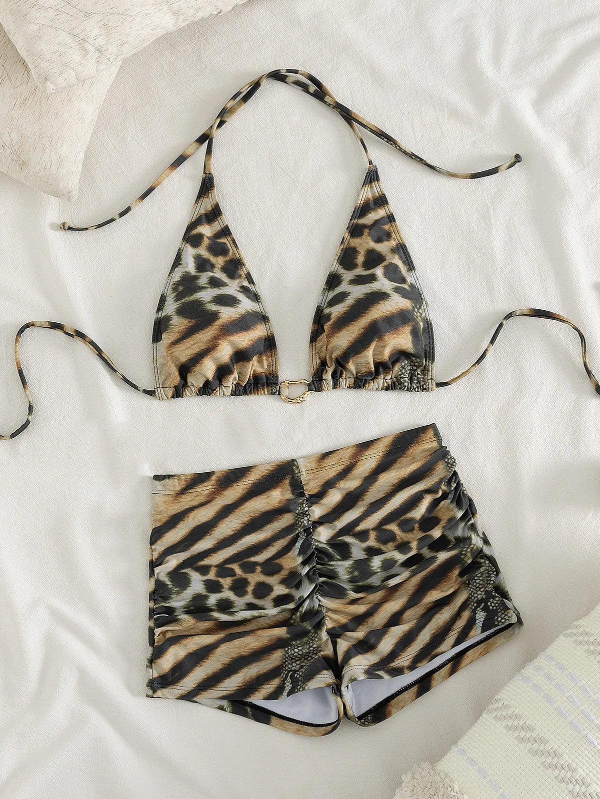 Damen Bikini-Set mit Leoparden- und Zebramuster, Neckholder Triangel-Oberteil mit gerafften High Waist Shorts, zweiteiliger Badeanzug für den Strandurlaub