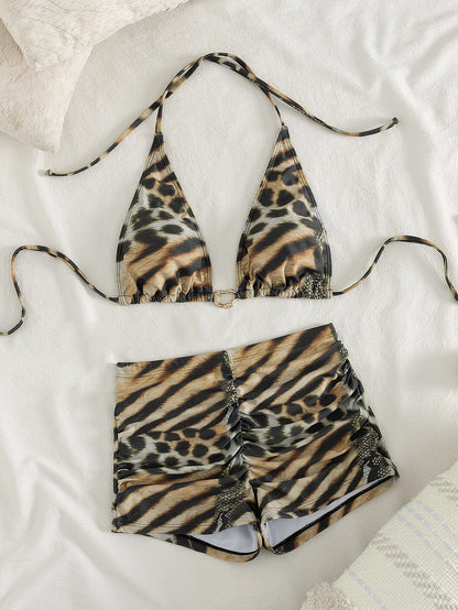 Damen Bikini-Set mit Leoparden- und Zebramuster, Neckholder Triangel-Oberteil mit gerafften High Waist Shorts, zweiteiliger Badeanzug für den Strandurlaub