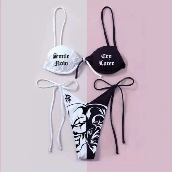 Ensemble bikini imprimé lettres gothiques punk, maillot de bain sexy 2023 pour femmes, motif tête de mort, col en V, maillot de bain tendance