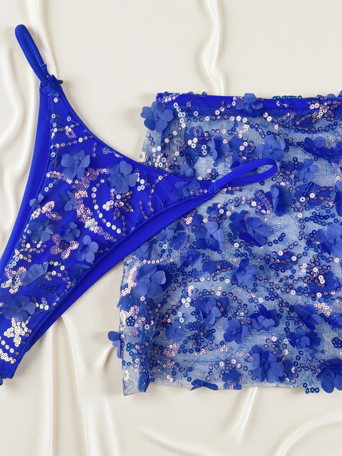 Costume da bagno a 3 pezzi con gonna in rete rosa con paillettes, reggiseno push-up e perizoma, stile brasiliano, per donna, ideale per le vacanze.
