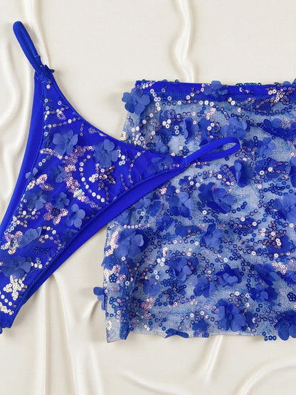 Costume da bagno a 3 pezzi con gonna in rete rosa con paillettes, reggiseno push-up e perizoma, stile brasiliano, per donna, ideale per le vacanze.