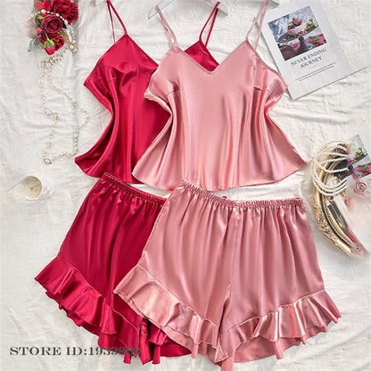 Plus Size 3XL 4XL 5XL Pigiama 2 pezzi Set cinturino sexy Top e pantaloncini Pigiama Completo Lingerie Estate Indumenti da notte in raso Stampa fiore Homewear