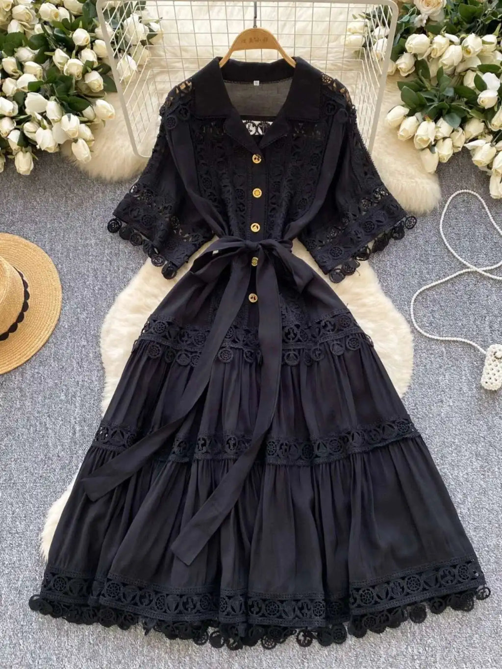 Abiti midi scavati di lusso Camicia da donna Vacanza estiva Elegante bottone monopetto Cintura in pizzo Ricamo Vestido lungo da festa