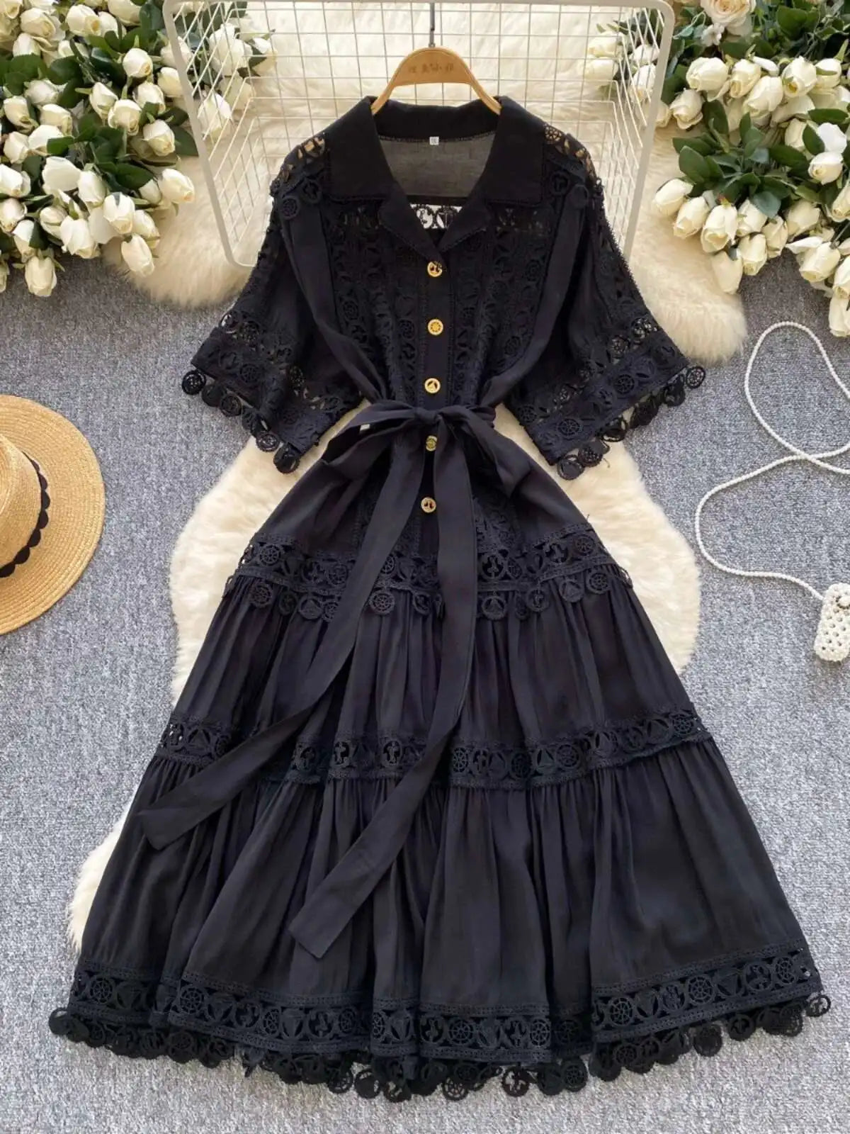 Abiti midi scavati di lusso Camicia da donna Vacanza estiva Elegante bottone monopetto Cintura in pizzo Ricamo Vestido lungo da festa