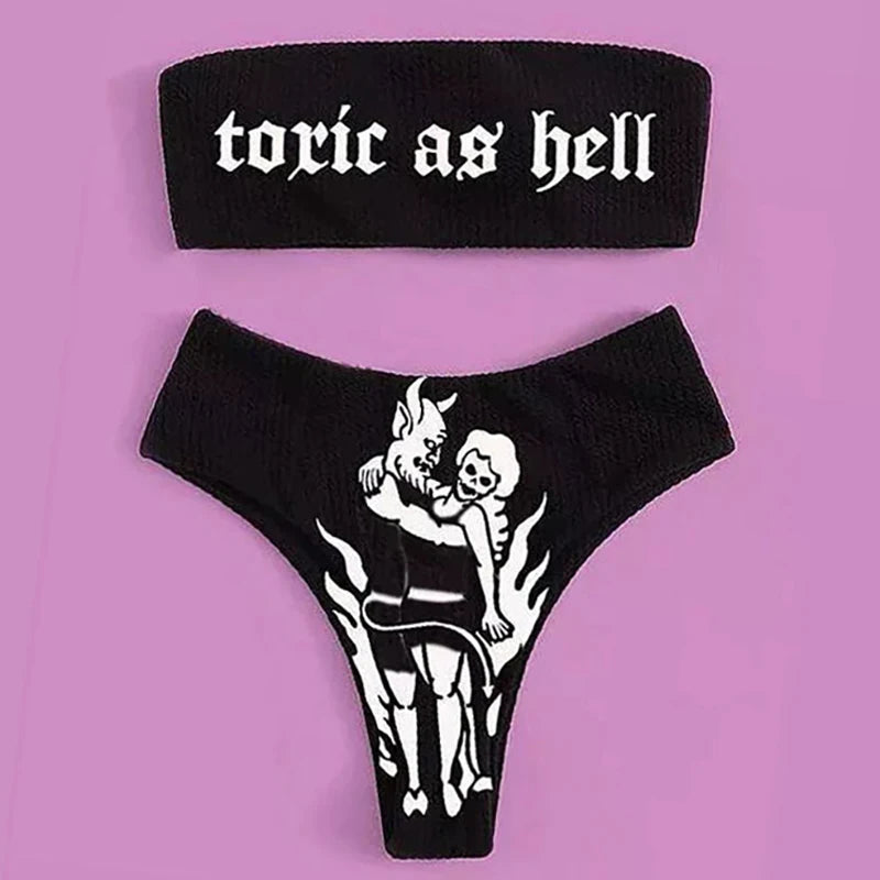 2025 Goth Swimsuit Two-piece Letters Skull Printed Bikinis Set for Women Micro Biquini Sport Bathing Suit Female Bodysuit