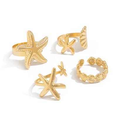 SHIXIN 4 pz/set Starfish capesante anelli aperti regolabili per le donne anello geometrico alla moda Color oro accessorio per gioielli da spiaggia estiva