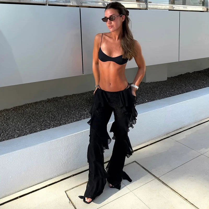Eleganti Pantaloni a Zampa da Donna con Volant a Cascata in Chiffon a Vita Alta, Neri, Estivi 2026, Versatili, Nuovi