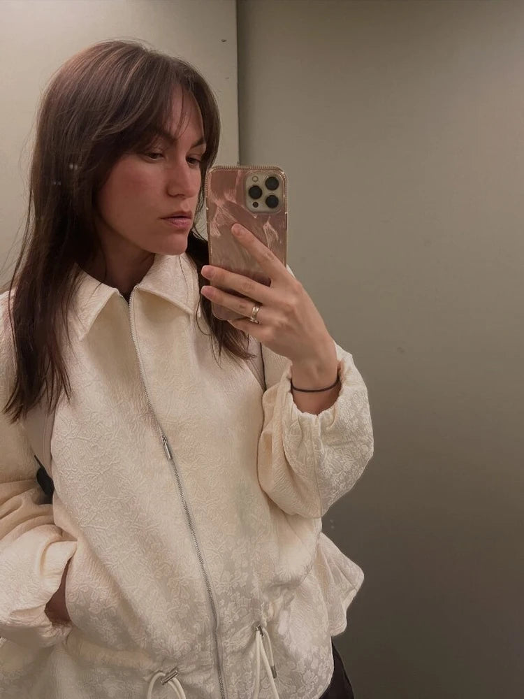 Giacca di Lusso in Tessuto Color Albicocca con Coulisse in Vita, Maniche a Sbuffo Sottili, Giacche Autunnali da Donna 2026, Elegante per il Lavoro, Appuntamenti e Uso Quotidiano