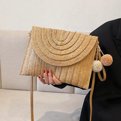 Pochette di paglia da spiaggia estiva borsa a tracolla con ciondolo a sfera carina per le donne borse a tracolla da viaggio borsa da donna borse Casual borsa di vimini