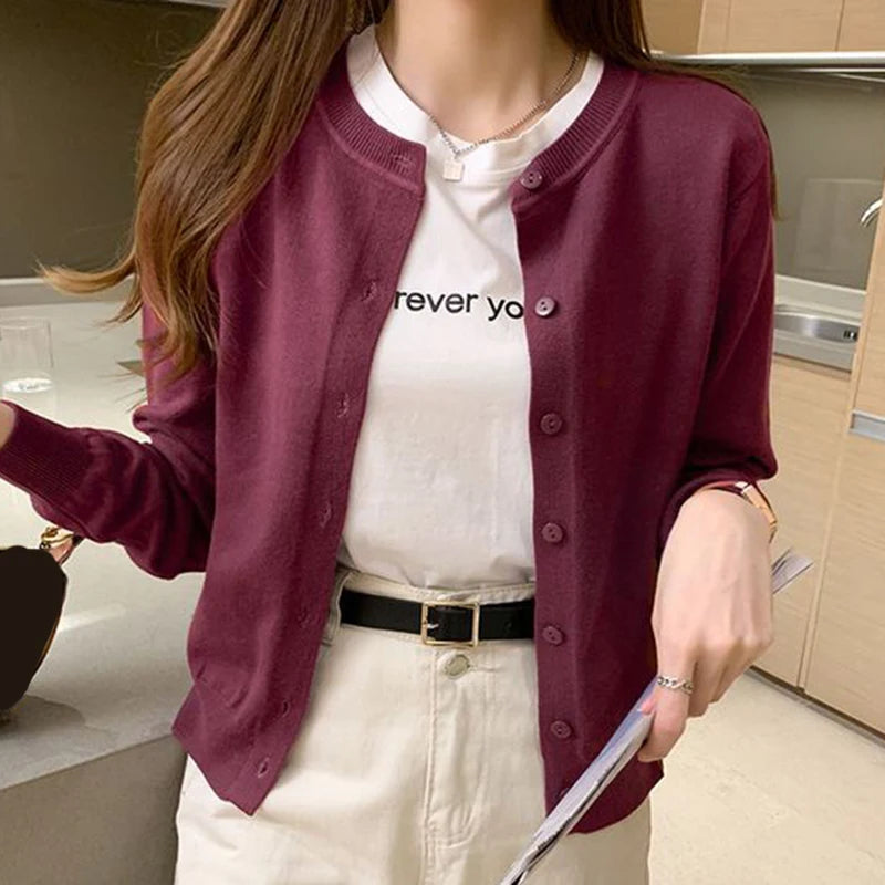 Rimocy Giacca cardigan lavorata a maglia Donna 2025 Primavera Autunno Girocollo Cardigan casual Donna Tinta unita Slim Maglioni coreani Donna