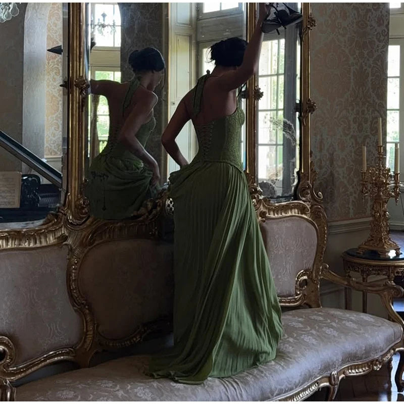 Chic Green Fishbone Halter Abito lungo Lady Solid Sexy Backless Pieghettato Off-spalla Abiti a trapezio 2025 nuovo abito da festa di Natale